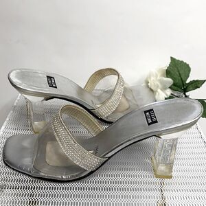 Stuart Weitzman SPELLBOUND‎ Crystal Rhinestone Clear Sandals Lucite Heel 7.5AA